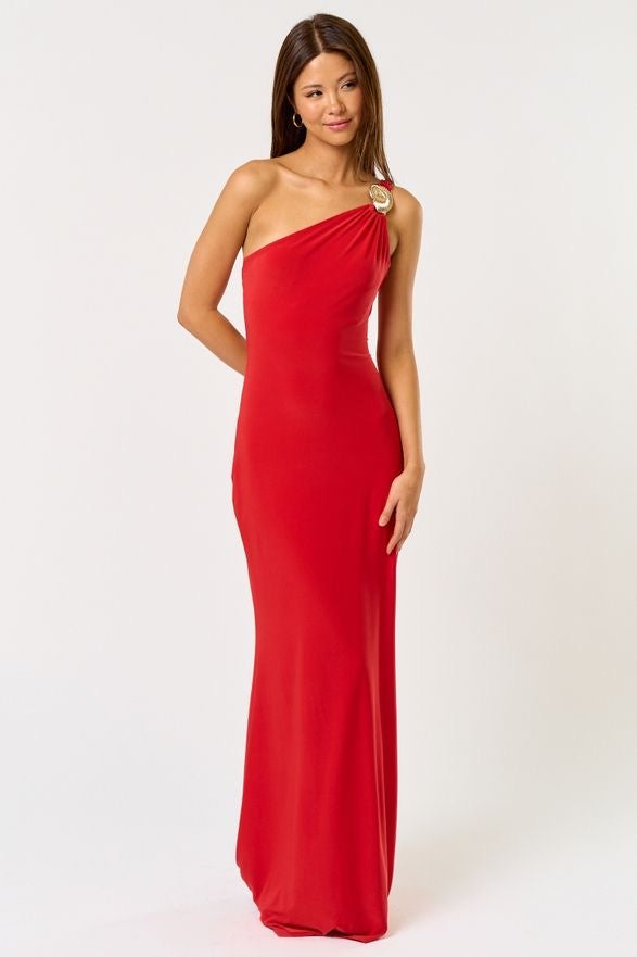 Nelinda One Shoulder Tie Back Shell Embellished Maxi Dress - Red