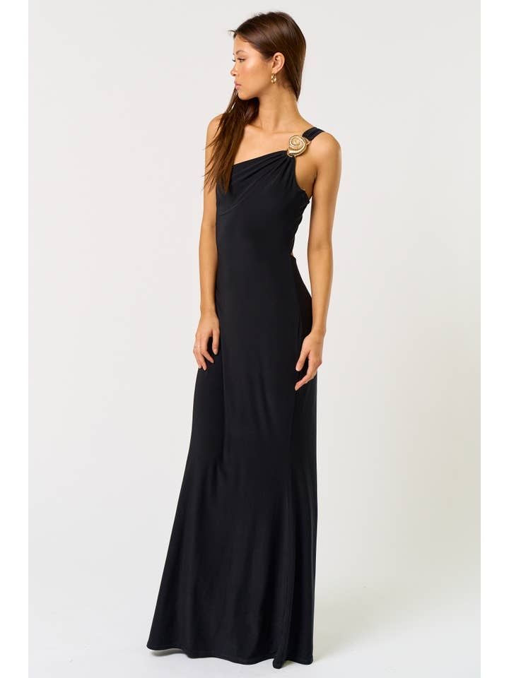 Nelinda One Shoulder Tie Back Shell Embellished Maxi Dress - Black