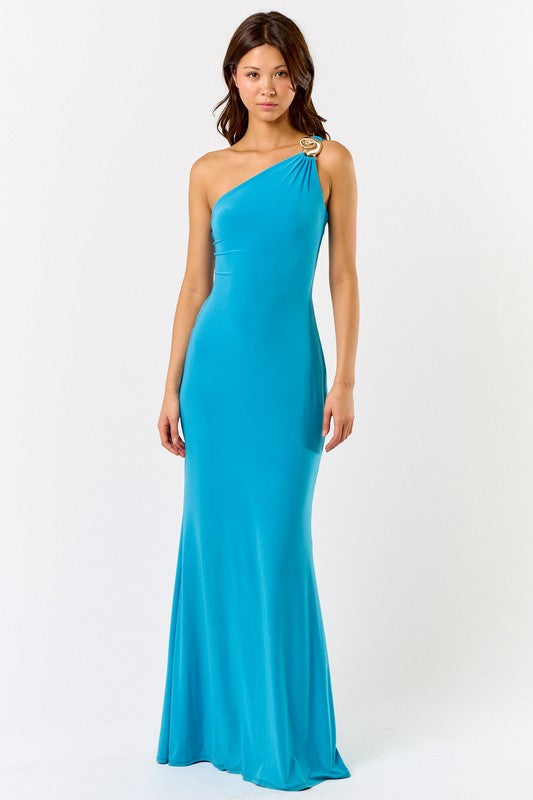 Nelinda One Shoulder Tie Back Shell Embellished Maxi Dress - Blue