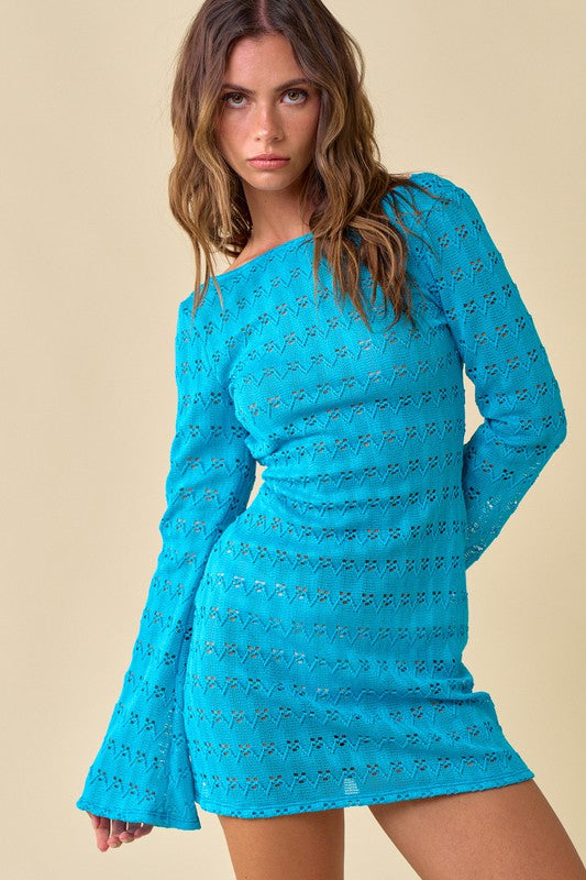 Aurelia Crochet Long Sleeve Mini Dress - Blue