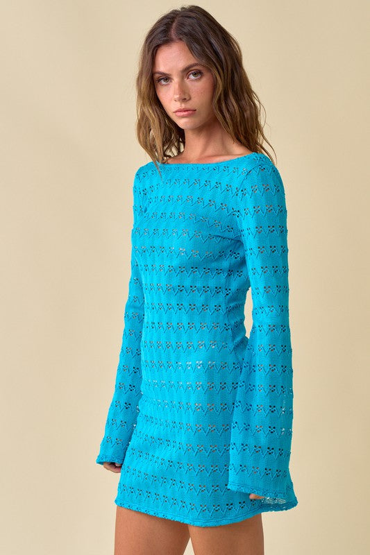 Aurelia Crochet Long Sleeve Mini Dress - Blue