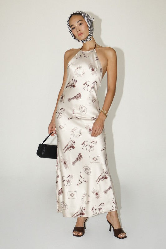 Teegan Cowgirl Print Satin Backless Halter Maxi Dress