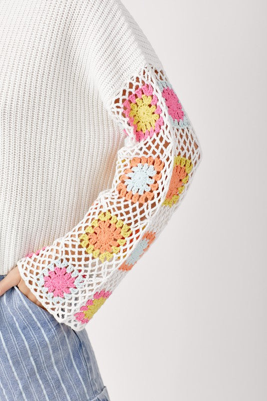 Missy Crochet Sleeve Light Weight Sweater - Multi Patchwork