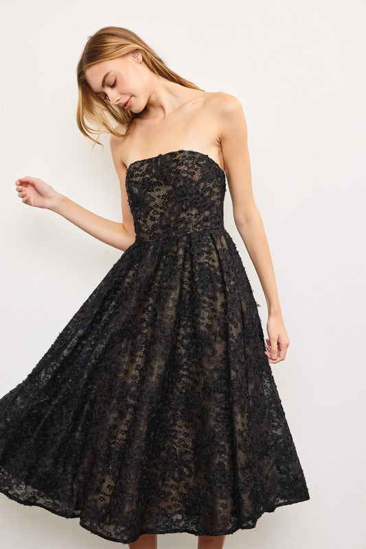 Alda Strapless Overlay Lace Midi Dress