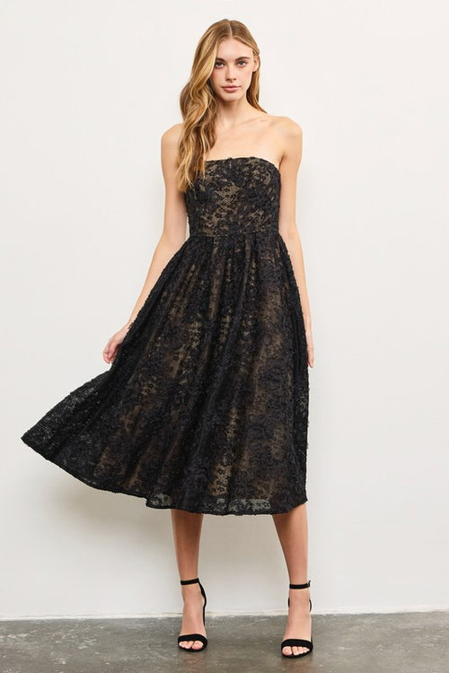 Alda Strapless Overlay Lace Midi Dress