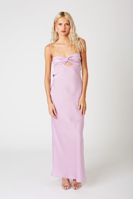 Chelsea Satin Strapless Open Cowl Back Maxi Dress