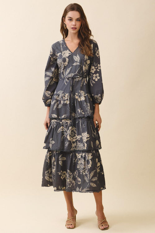 Harmoni V-Neck Lace Detail Floral Waist Tie Midi Dress