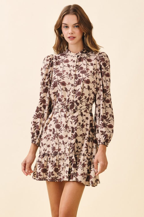 Natalie Belted Floral Print High Neck Shift Mini Dress