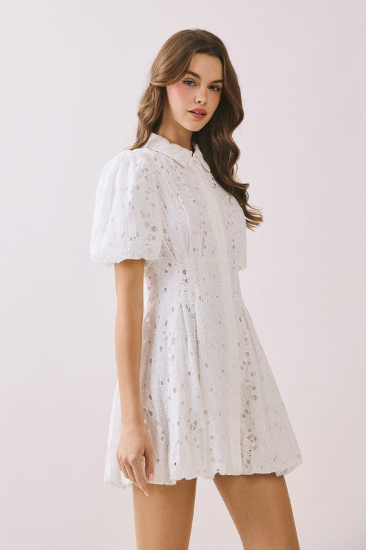 short white fit and flare dress Women's Capella Fit and Flare Short Sleeved Lace Mini Dress S/M/L White MEAN BLVD White / S