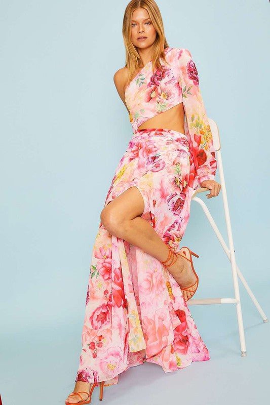 Vienna Floral Print One Shoulder Cutout Maxi Dress – Girls Will Be Girls