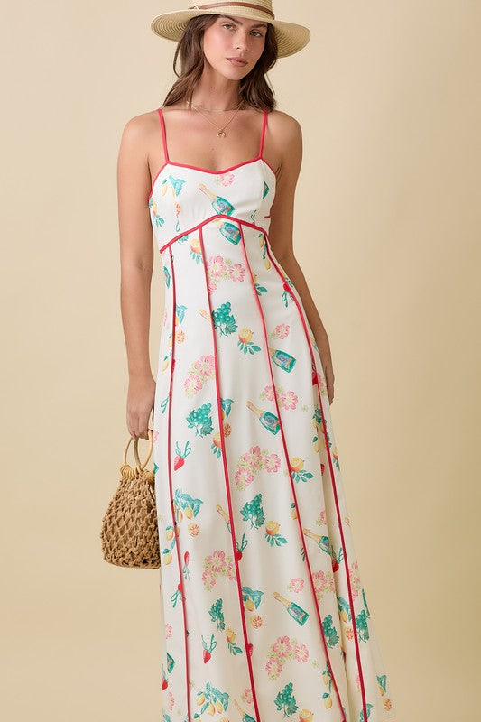 Magnolia Summer Print Contrast Piping Maxi Dress
