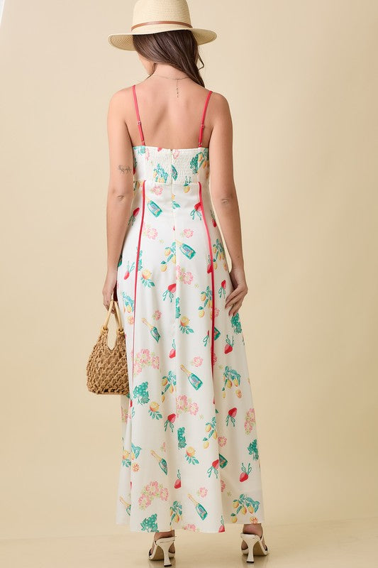 Magnolia Summer Print Contrast Piping Maxi Dress
