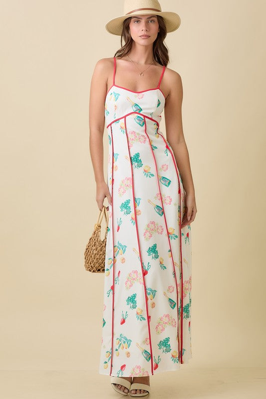 Magnolia Summer Print Contrast Piping Maxi Dress