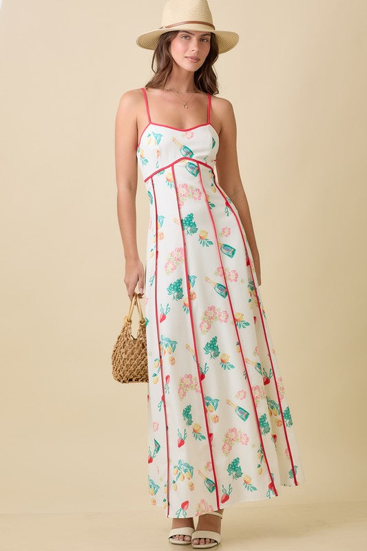 Magnolia Summer Print Contrast Piping Maxi Dress