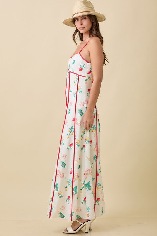 Magnolia Summer Print Contrast Piping Maxi Dress