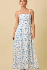 Julie Summer Motif Scallop Hem Tie Back Maxi Dress  - Blue