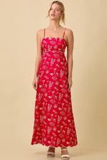 Julie Summer Motif Scallop Hem Tie Back Maxi Dress  - Red