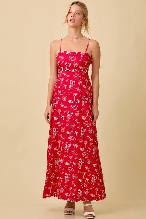 Julie Summer Motif Scallop Hem Tie Back Maxi Dress  - Red