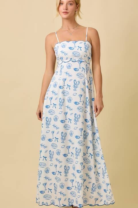 Julie Summer Motif Scallop Hem Tie Back Maxi Dress  - Blue