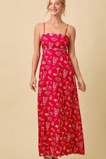 Julie Summer Motif Scallop Hem Tie Back Maxi Dress  - Red
