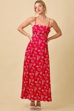 Julie Summer Motif Scallop Hem Tie Back Maxi Dress  - Red