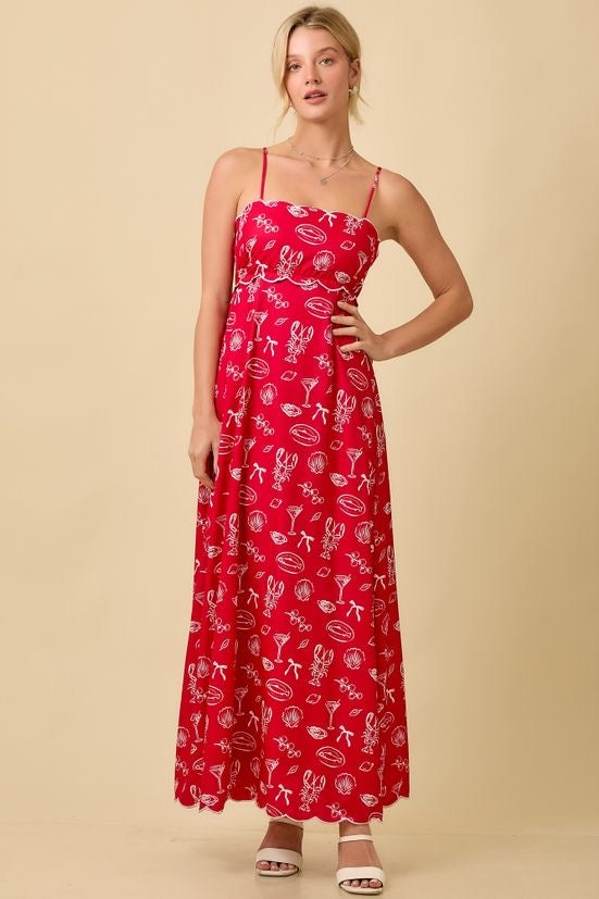 Julie Summer Motif Scallop Hem Tie Back Maxi Dress  - Red