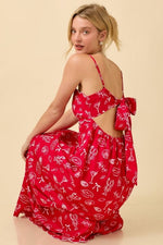 Julie Summer Motif Scallop Hem Tie Back Maxi Dress  - Red