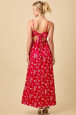Julie Summer Motif Scallop Hem Tie Back Maxi Dress  - Red