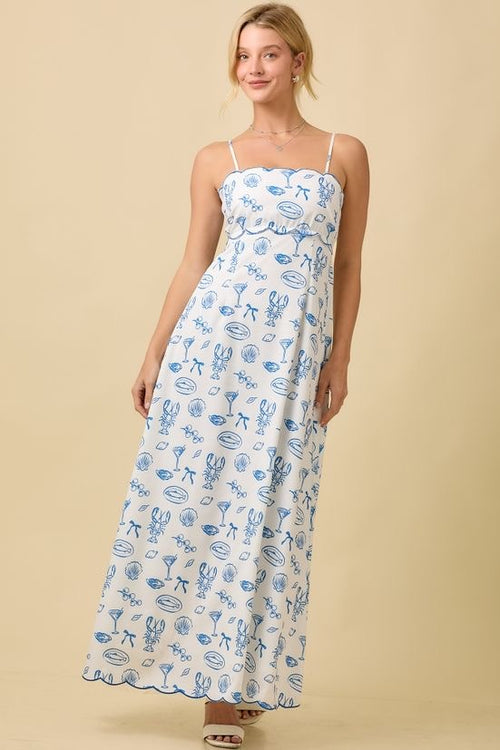 Julie Summer Motif Scallop Hem Tie Back Maxi Dress  - Blue