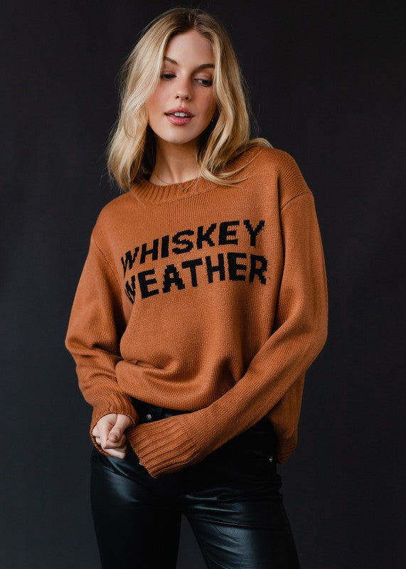 "Whiskey Weather" Long Sleeve Knit Sweater Top - Brown