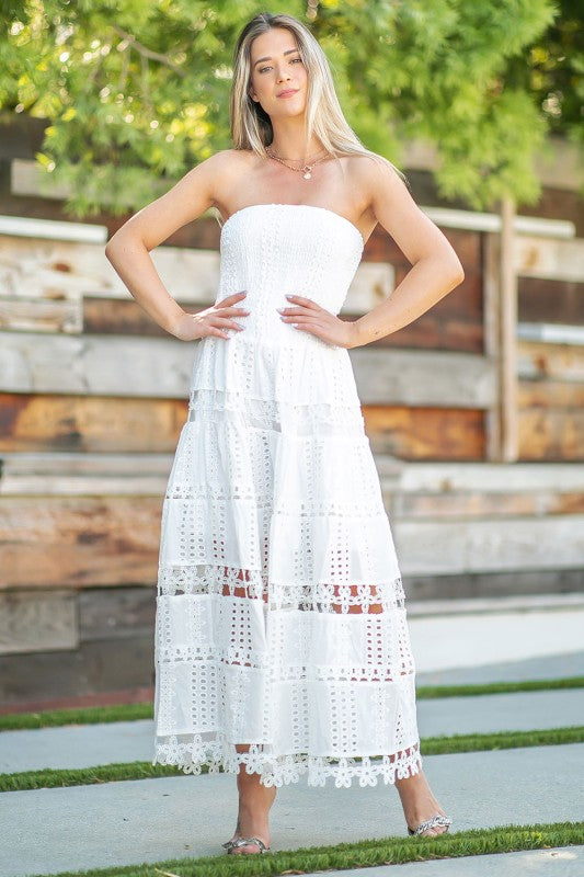 Liane Strapless Eyelet Tiered Maxi Dress - White