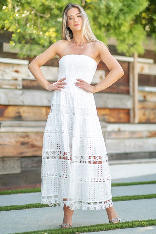 Liane Strapless Eyelet Tiered Maxi Dress - White