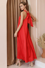 Myrna Satin Halter Cut Out Maxi Dress - Red