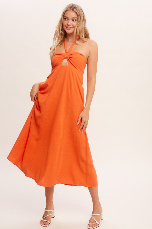 Dua Halter Cut Out Midi Dress - Orange