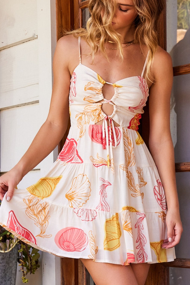 Neriah Shell Print Cut Out Mini Dress - Coral/Cream