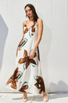 Ivy Printed Backless Maxi Dress - White/Brown/Teal