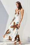 Ivy Printed Backless Maxi Dress - White/Brown/Teal