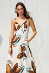 Ivy Printed Backless Maxi Dress - White/Brown/Teal