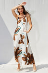 Ivy Printed Backless Maxi Dress - White/Brown/Teal