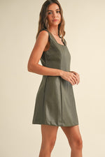 Myra Square Faux Leather Mini Dress - Olive