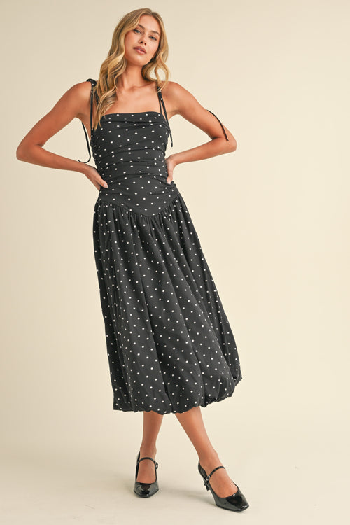 Reyle Polka Dot Princess Cut Balloon Hem Midi Dress