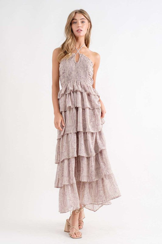 Kylie Tiered Print Maxi Dress - Dusty Pink