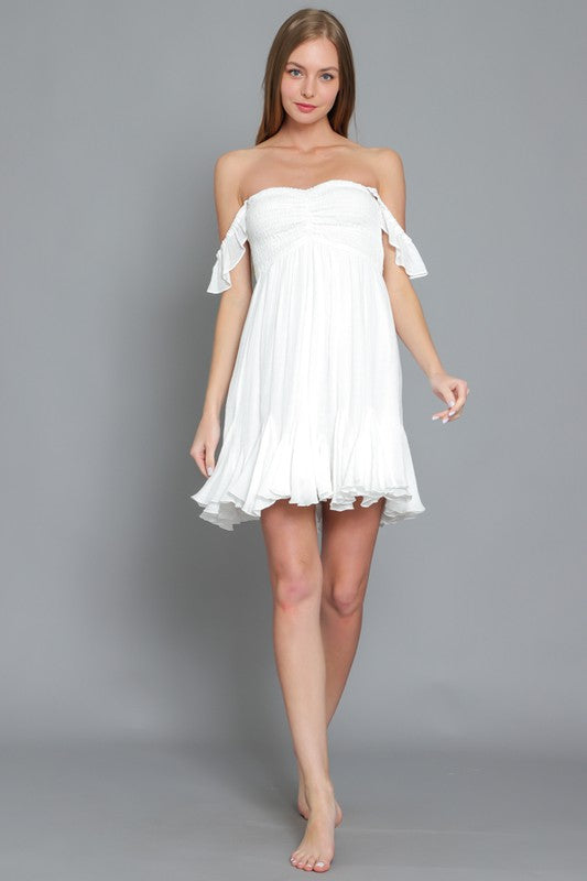 Loraine Smocked Flutter Sleeve Mini Dress - White