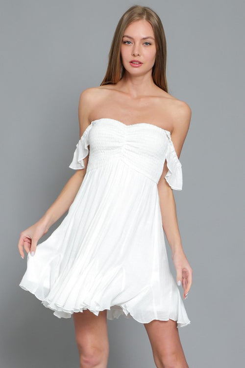 Loraine Smocked Flutter Sleeve Mini Dress - White