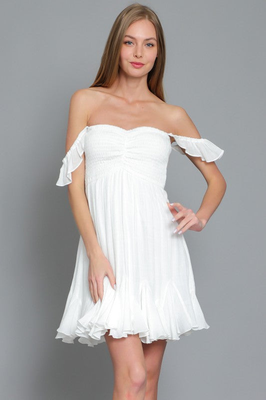 Loraine Smocked Flutter Sleeve Mini Dress - White