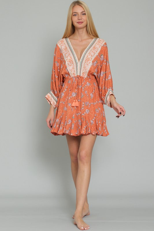 Tina Dolman Front Tie Mini Dress - Rust/Multi - BEST SELLER!!!