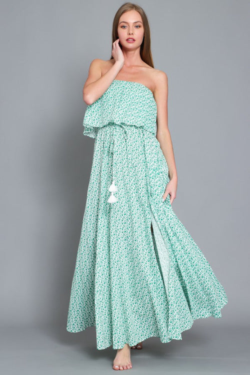 Everlasting Strapless Floral Print Maxi Dress - White/Green