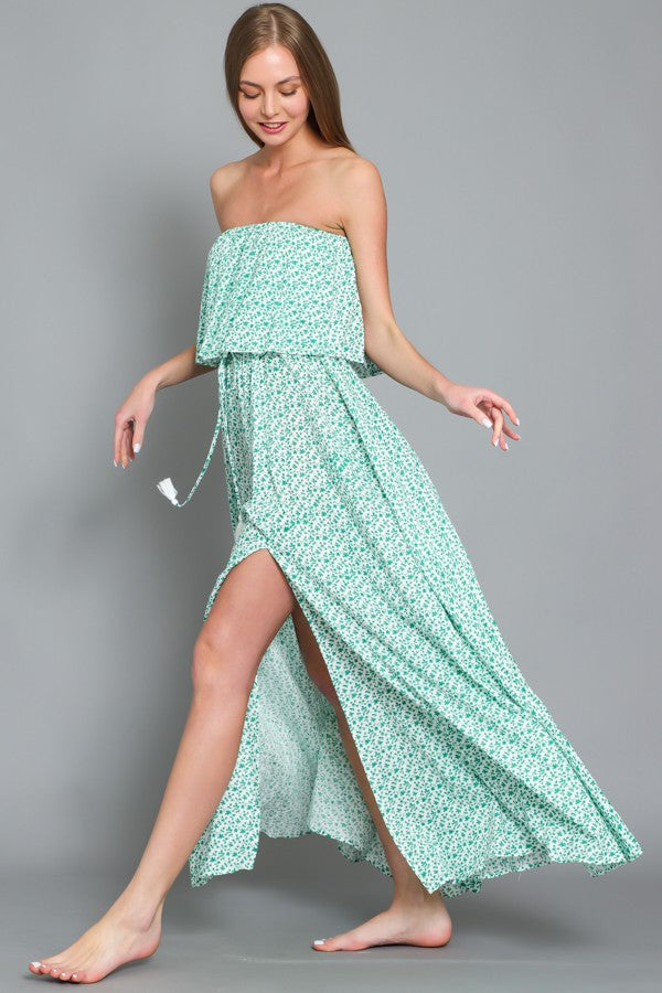 Everlasting Strapless Floral Print Maxi Dress - White/Green