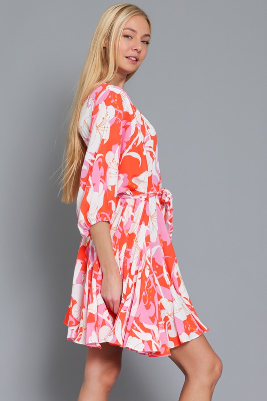 Noor Dolman Sleeve Braided Belt Mini Dress - Pink/Coral