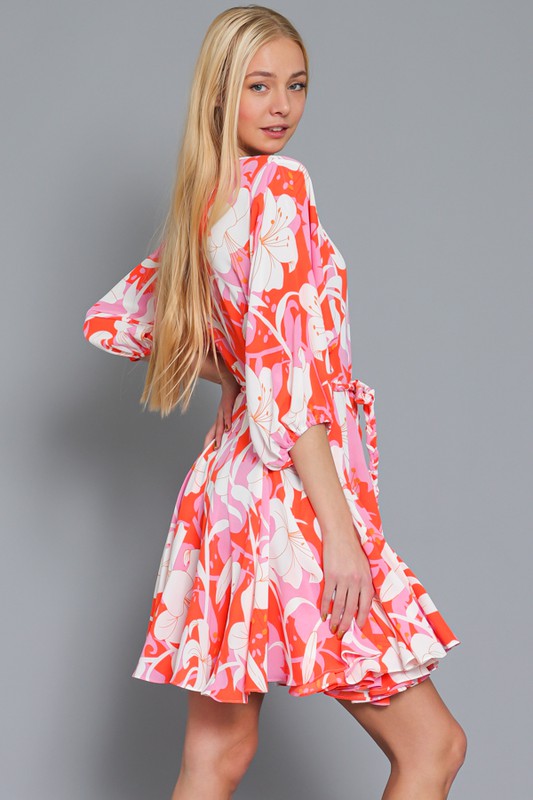 Noor Dolman Sleeve Braided Belt Mini Dress - Pink/Coral